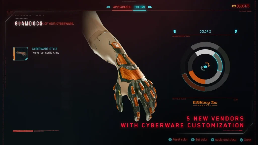 Interfejs Glamdocs do personalizacji wyglądu i kolorystyki wszczepu Gorilla Arms od Kang Tao.
