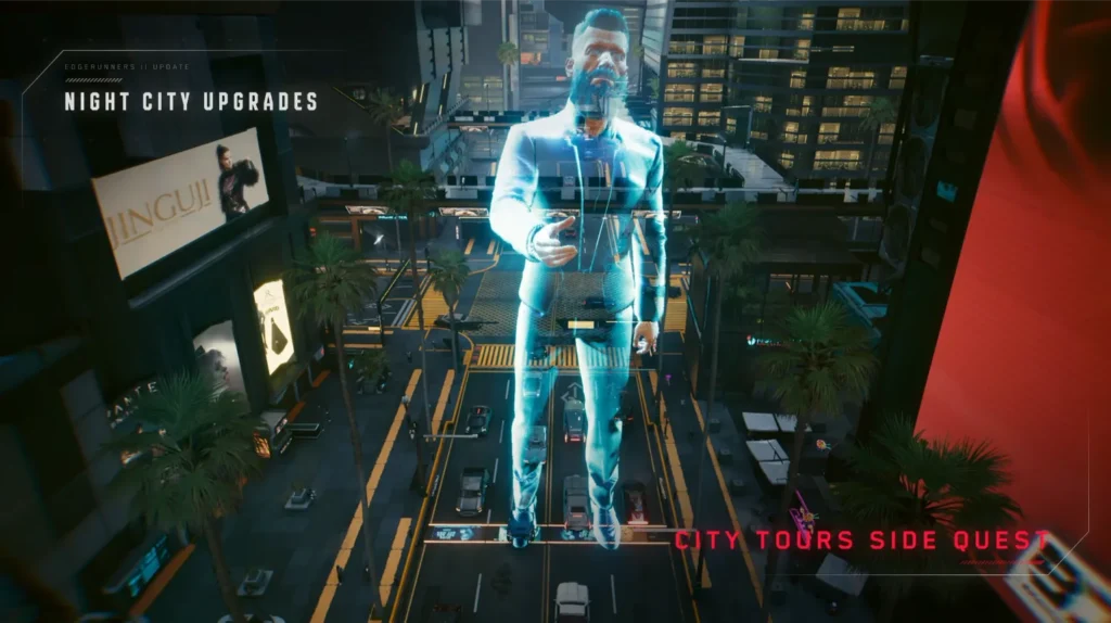 Gigantyczny niebieski hologram eleganckiego mężczyzny stojący pośrodku alei w centrum Night City w zadaniu City Tours Side Quest.