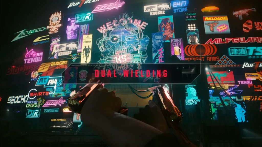 Postać trzymająca dwa pistolety (Dual-Wielding) na tle ściany pełnej świecących neonów reklamowych w Night City.