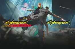Grafika promocyjna łącząca Cyberpunk: Edgerunners II oraz Cyberpunk 2077 Ultimate z postaciami strzelającymi z dachu pojazdu Delamain.