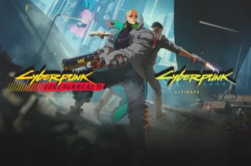 Grafika promocyjna łącząca Cyberpunk: Edgerunners II oraz Cyberpunk 2077 Ultimate z postaciami strzelającymi z dachu pojazdu Delamain.