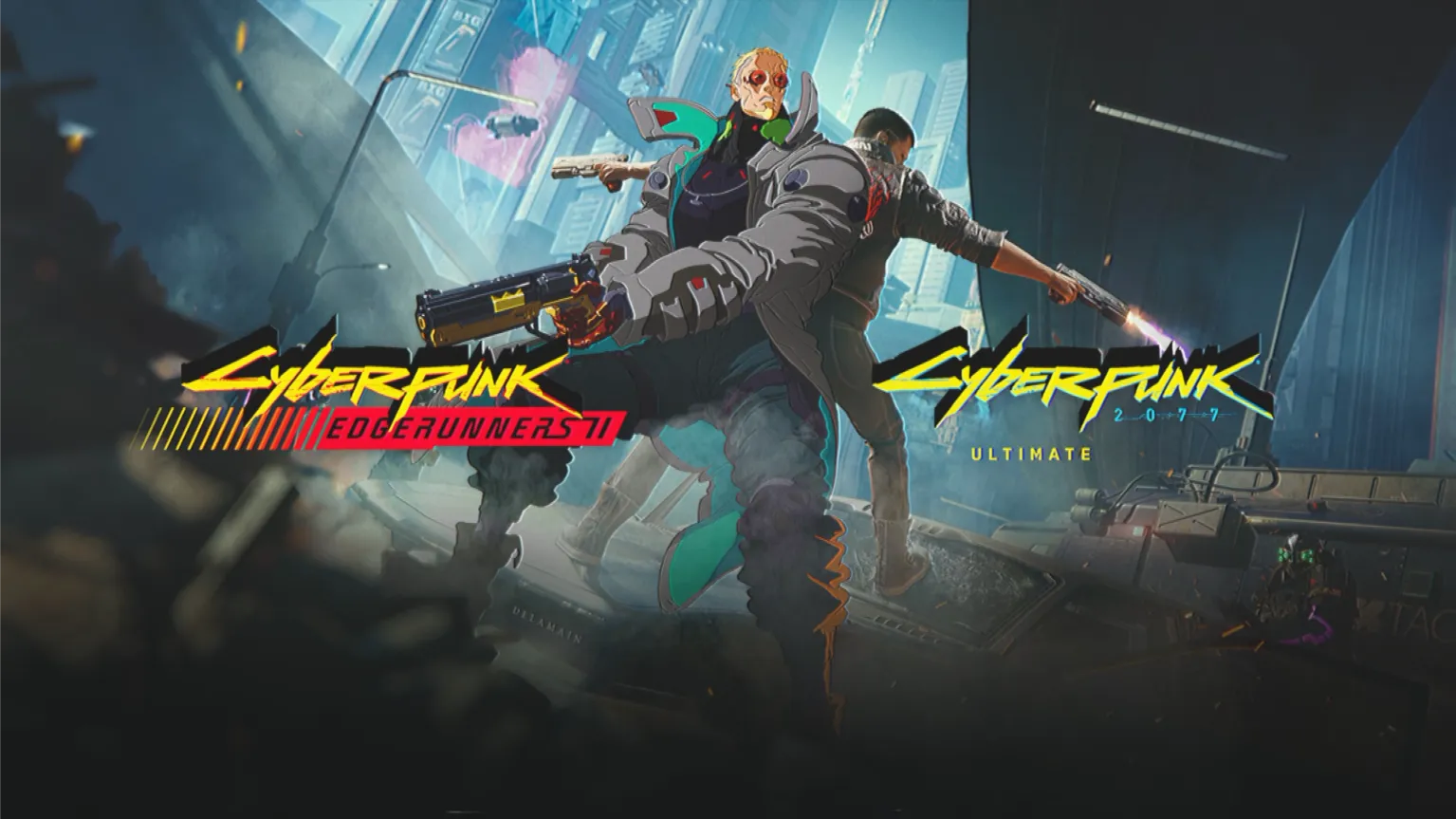 Grafika promocyjna łącząca Cyberpunk: Edgerunners II oraz Cyberpunk 2077 Ultimate z postaciami strzelającymi z dachu pojazdu Delamain.