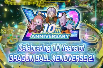 Grafika jubileuszowa z okazji 10-lecia gry Dragon Ball Xenoverse 2 z postaciami Chronoy, Trunksa oraz Starszego Kaiōshina nad placem w Conton City.