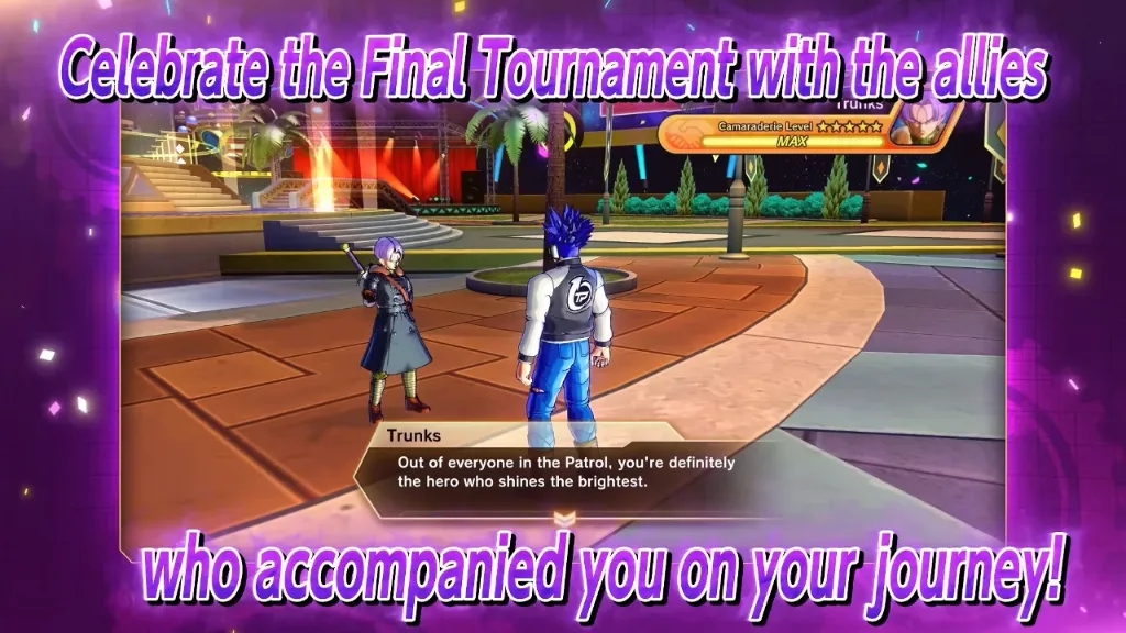 Zrzut ekranu z Dragon Ball Xenoverse 2 przedstawiający dialog Trunksa z postacią gracza w Conton City podczas finałowego turnieju.