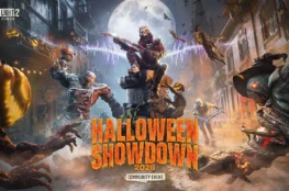 Grafika promocyjna wydarzenia Halloween Showdown w Dying Light 2 Stay Human z postacią w masce na cokole otoczoną zombie w halloweenowych przebraniach.
