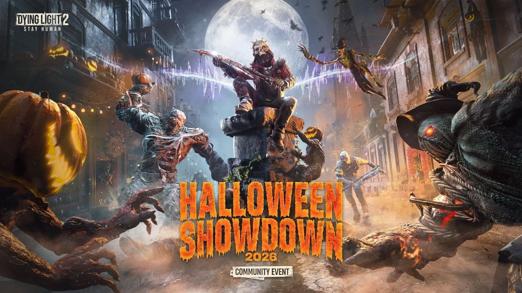 Grafika promocyjna wydarzenia Halloween Showdown w Dying Light 2 Stay Human z postacią w masce na cokole otoczoną zombie w halloweenowych przebraniach.