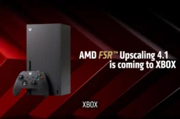 Konsola Xbox Series X z kontrolerem na czerwono-czarnym tle i napisem zapowiadającym technologię AMD FSR Upscaling 4.1 na Xboxa.