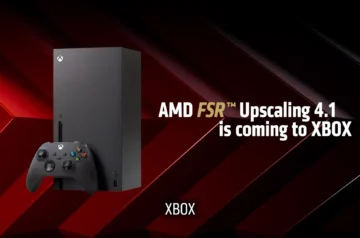 Konsola Xbox Series X z kontrolerem na czerwono-czarnym tle i napisem zapowiadającym technologię AMD FSR Upscaling 4.1 na Xboxa.