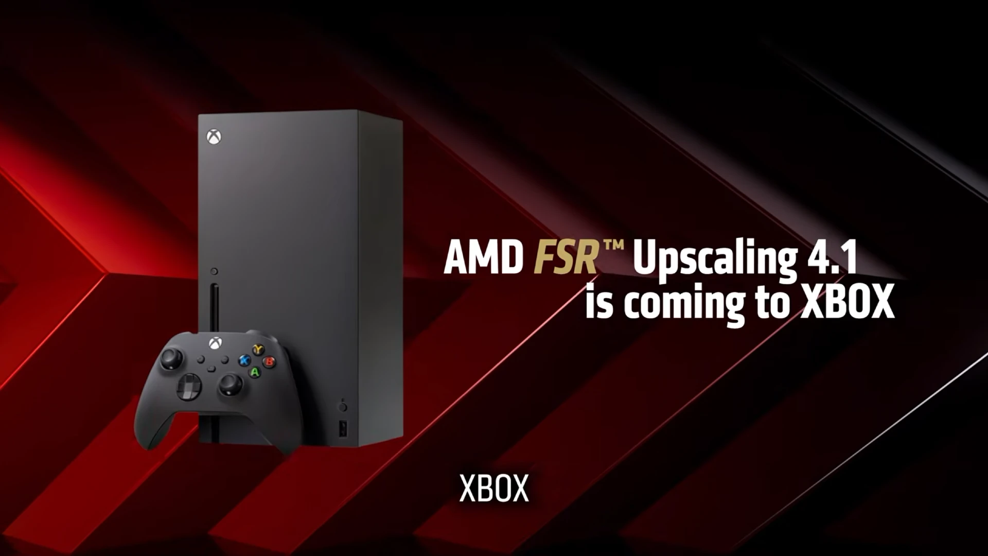 Konsola Xbox Series X z kontrolerem na czerwono-czarnym tle i napisem zapowiadającym technologię AMD FSR Upscaling 4.1 na Xboxa.