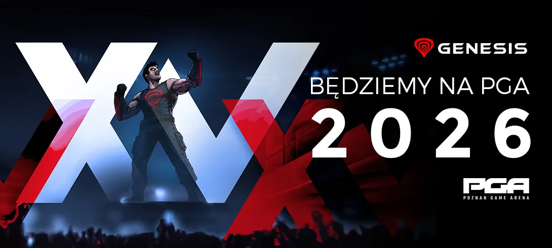 Genesis – będziemy na PGA 2026. Grafika przedstawia umięśnionego mężczyznę w rysunkowym stylu, w podkoszulce z logo marki, prężącego się na scenie, a za nim widać rzymską liczbę 25.