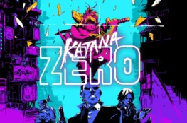 Neonowa grafika promocyjna Katana Zero z protagonistą z kataną w skoku oraz postaciami uzbrojonych przeciwników na tle cyberpunkowego miasta.