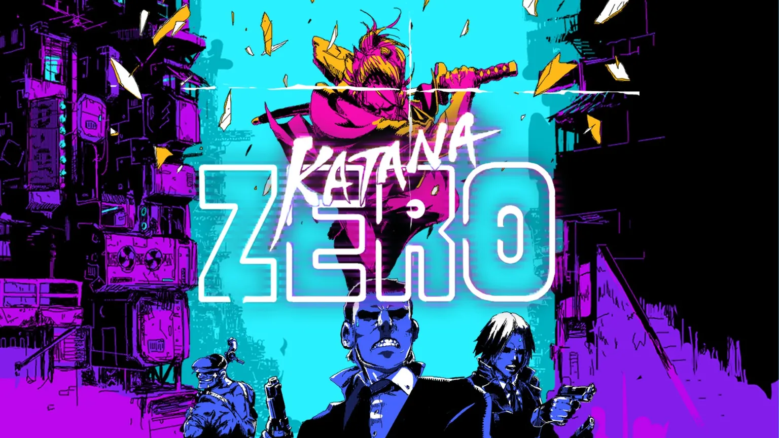 Neonowa grafika promocyjna Katana Zero z protagonistą z kataną w skoku oraz postaciami uzbrojonych przeciwników na tle cyberpunkowego miasta.