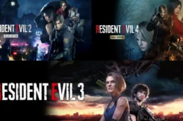 Zestawienie grafik okładkowych remake’ów serii Capcomu: Resident Evil 2 Deluxe Edition, Resident Evil 4 Gold Edition oraz Resident Evil 3.