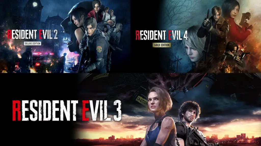 Zestawienie grafik okładkowych remake’ów serii Capcomu: Resident Evil 2 Deluxe Edition, Resident Evil 4 Gold Edition oraz Resident Evil 3.