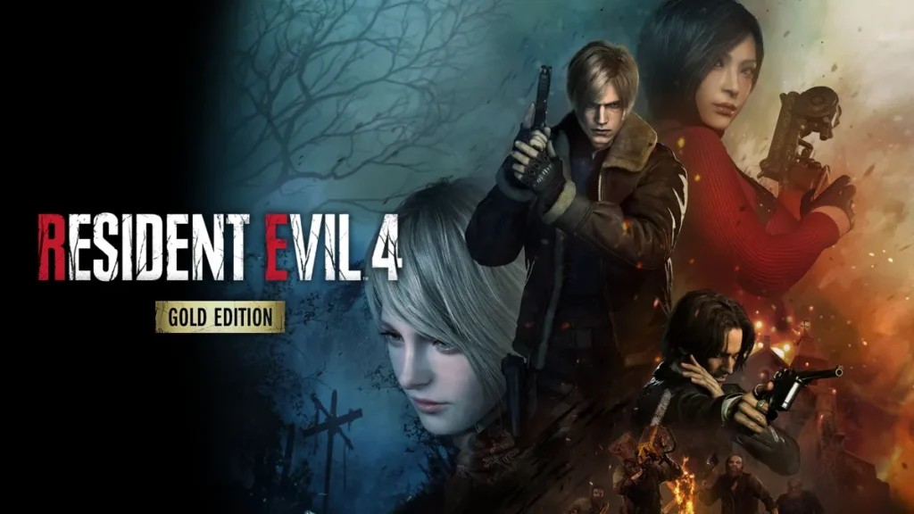 Grafika promocyjna Resident Evil 4 Gold Edition przedstawiająca Leona S. Kennedy'ego, Adę Wong, Ashley Graham i Luisa Serrę.