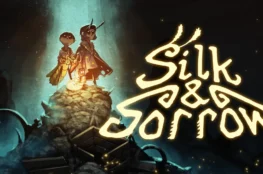 Oficjalna grafika promocyjna gry Silk & Sorrow z dwójką małych bohaterów i świecącą larwą stojącymi w snopie światła obok stylizowanego tytułu gry.