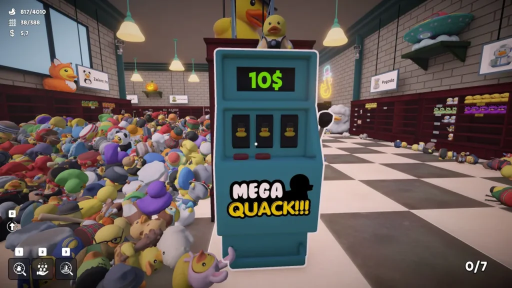 Automat z napisem „MEGA QUACK!!!” stojący pośród kaczuszek w sklepie w grze Sort Them Ducks.
