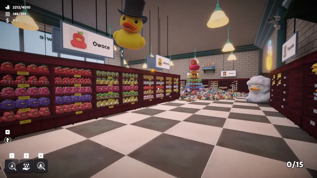 Sklepowe półki zapełnione posortowanymi kaczuszkami w kategorii „Owoce” w grze Sort Them Ducks.