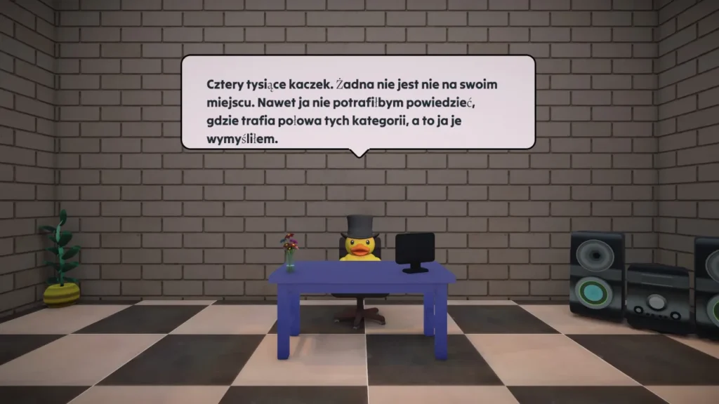 Żółta kaczka w cylindrze siedząca za biurkiem z dymkiem dialogowym w grze Sort Them Ducks.