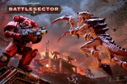 Okładka W40K: Battlesector, na pierwszym planie widać Tyranida w skoku w kierunku Kosmicznego Marine z bolterem, w tle widać inne walczące postacie i wystrzały. Na górze tytuł gry.