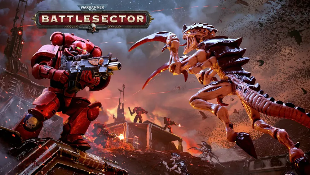 Okładka W40K: Battlesector, na pierwszym planie widać Tyranida w skoku w kierunku Kosmicznego Marine z bolterem, w tle widać inne walczące postacie i wystrzały. Na górze tytuł gry.