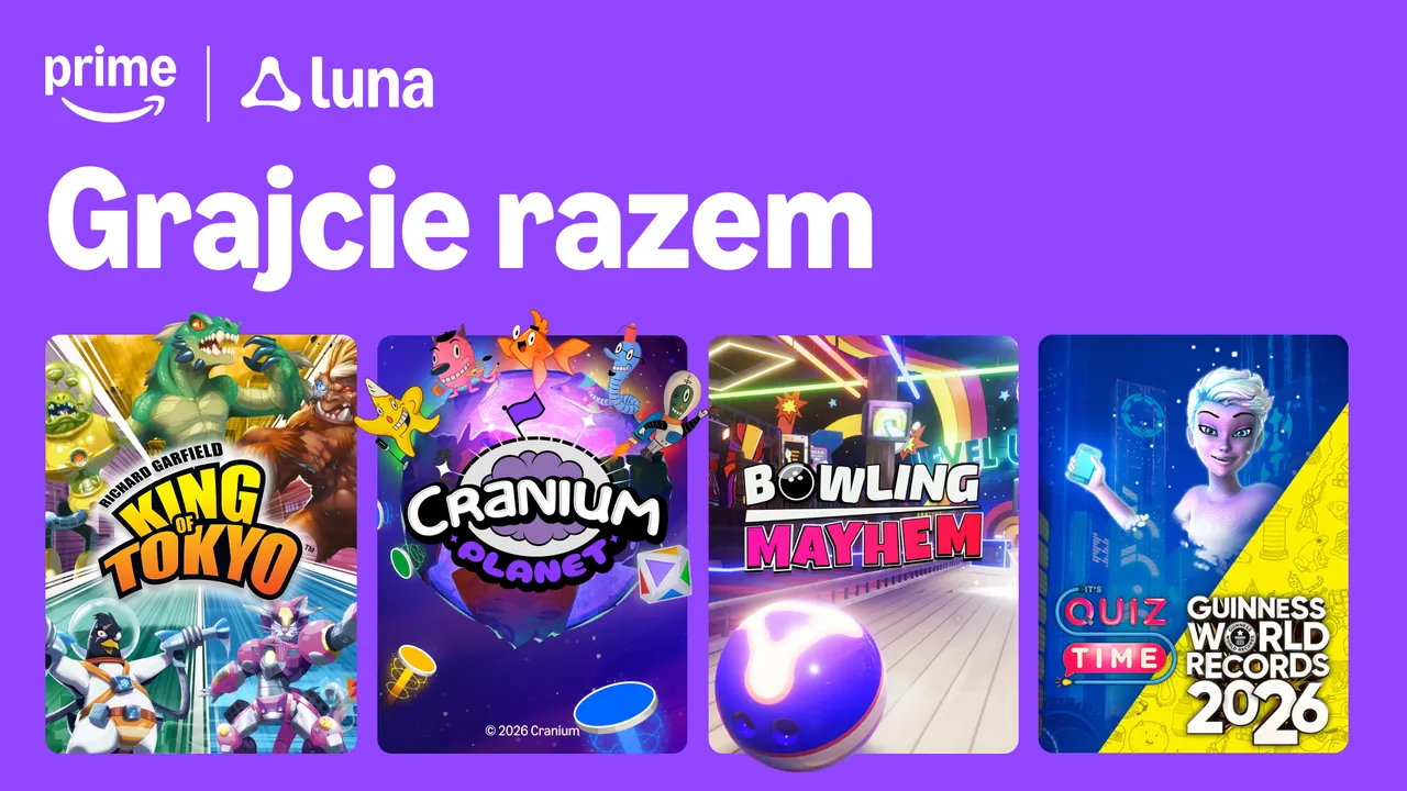 Gry King of Tokyo, Cranium Planet, Bowling Mayhem i It's Quiz Time na grafice GameNight z hasłem „Grajcie razem”.