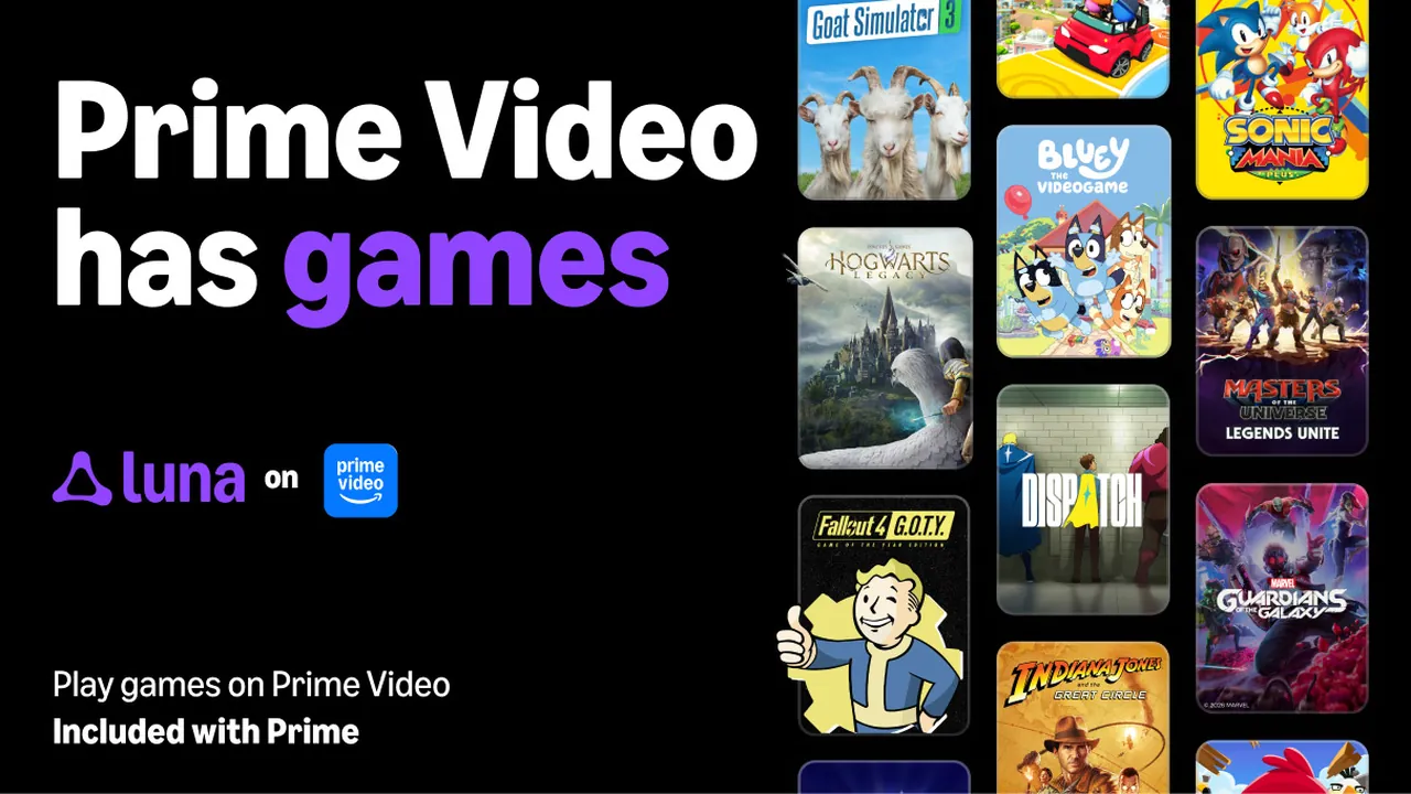 Grafika Amazon Luna i Prime Video z hasłem „Prime Video has games” oraz okładkami gier.
