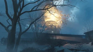 Rozpadający się budynek i zawieszone w powietrzu fragmenty zabudowy w Cronos: The New Dawn.