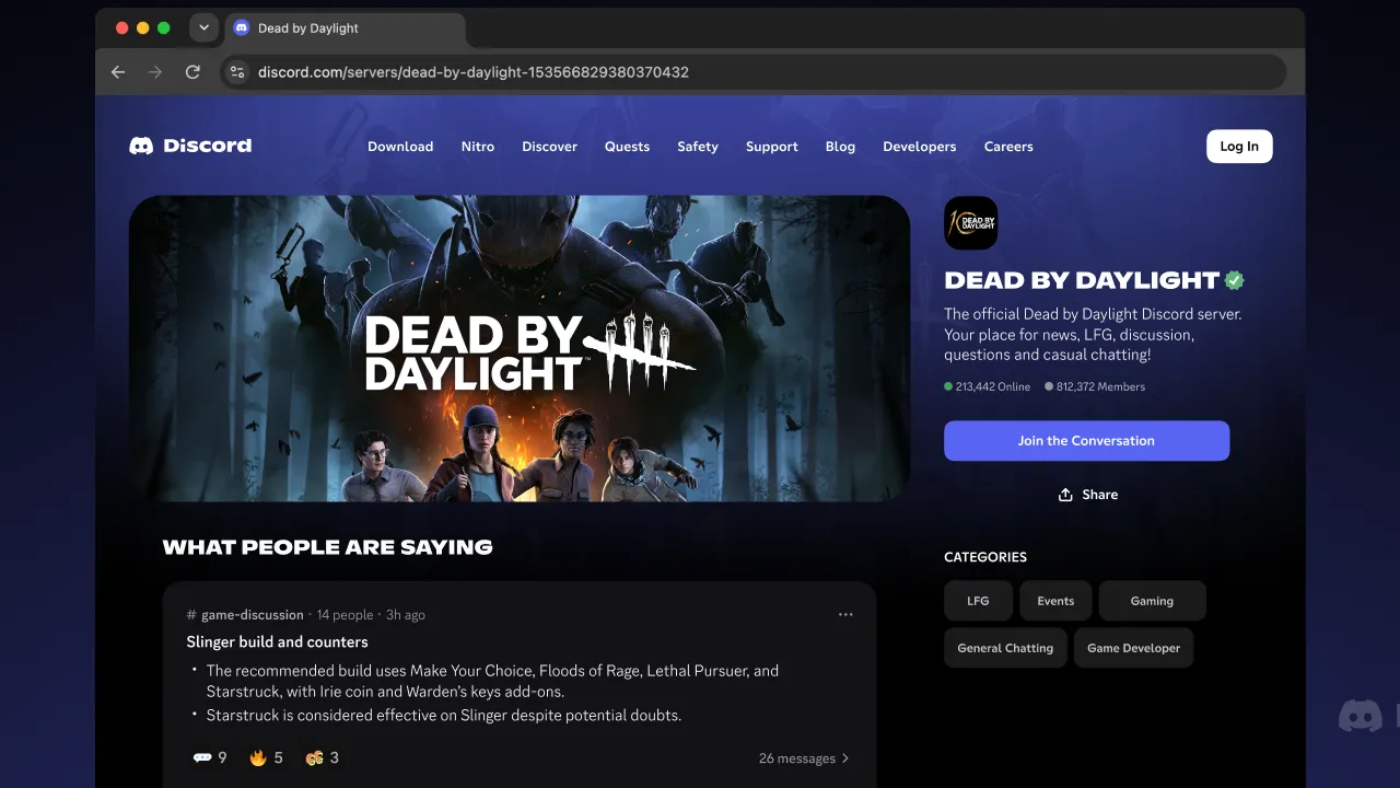 Przykładowa strona internetowa serwera Dead by Daylight na Discordzie