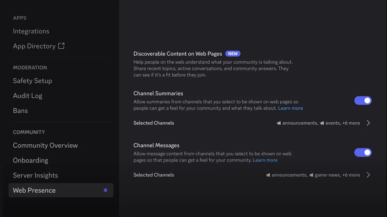 Panel Web Presence w ustawieniach serwera na Discordzie