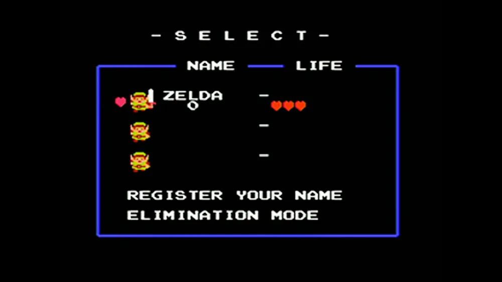 Menu zapisu w pierwszej grze serii Legend of Zelda