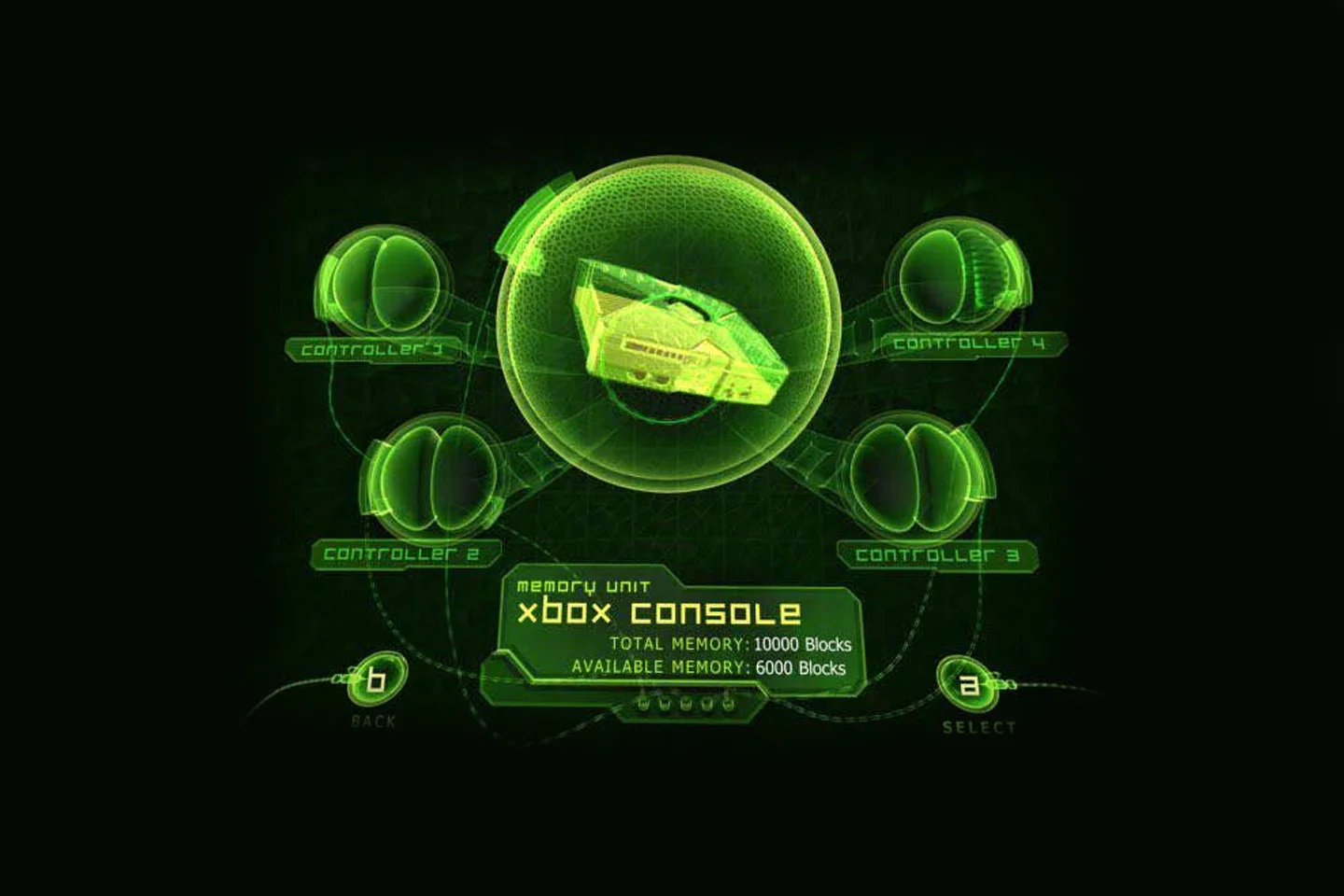 Futurystyczny interfejs pierwszego Xboxa Classic. Zielone holograficzne bąble unoszące sie w ciemnej przestrzeni