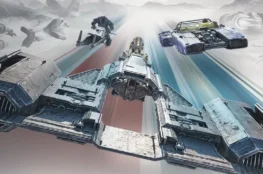 Na obrazie widoczny jest pojazd przypominający pojazd z gry Star Wars: Galactic Racer, który porusza się po ścieżce. W tle widać inne pojazdy i elementy, które są częścią sceny wyścigu.