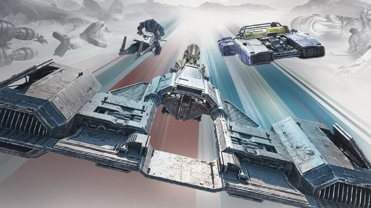Na obrazie widoczny jest pojazd przypominający pojazd z gry Star Wars: Galactic Racer, który porusza się po ścieżce. W tle widać inne pojazdy i elementy, które są częścią sceny wyścigu.