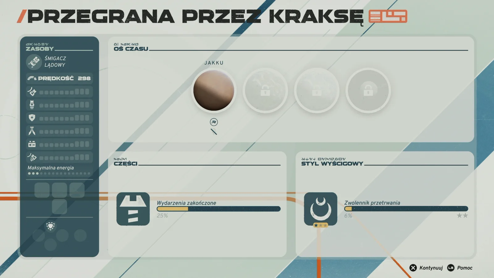 Na ekranie widoczny jest interfejs gry Star Wars: Galactic Racer na PlayStation 5. Zaznaczono, że gracz znajduje się w trakcie przejścia przez krak. Na ekranie widoczne są różne parametry: zasoby, czas, stan pojazdu, styl wyjścia i inne informacje.