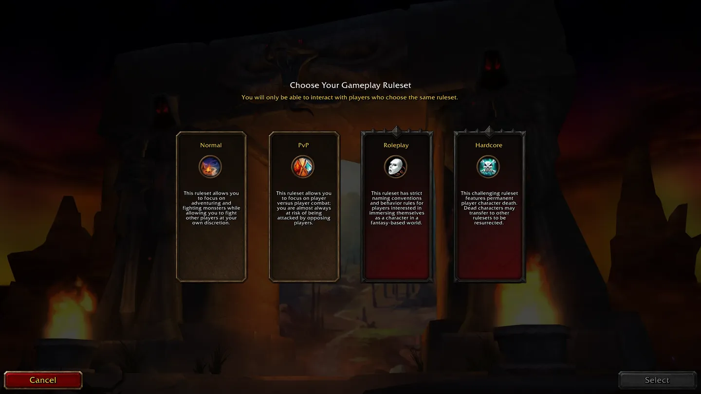 Ekran wyboru zasad rozgrywki w World of Warcraft, oferujący cztery tryby: Normal, PvP, Roleplay i Hardcore. Każdy tryb określa zasady interakcji między graczami, a Hardcore wiąże się z trwałą śmiercią postaci.