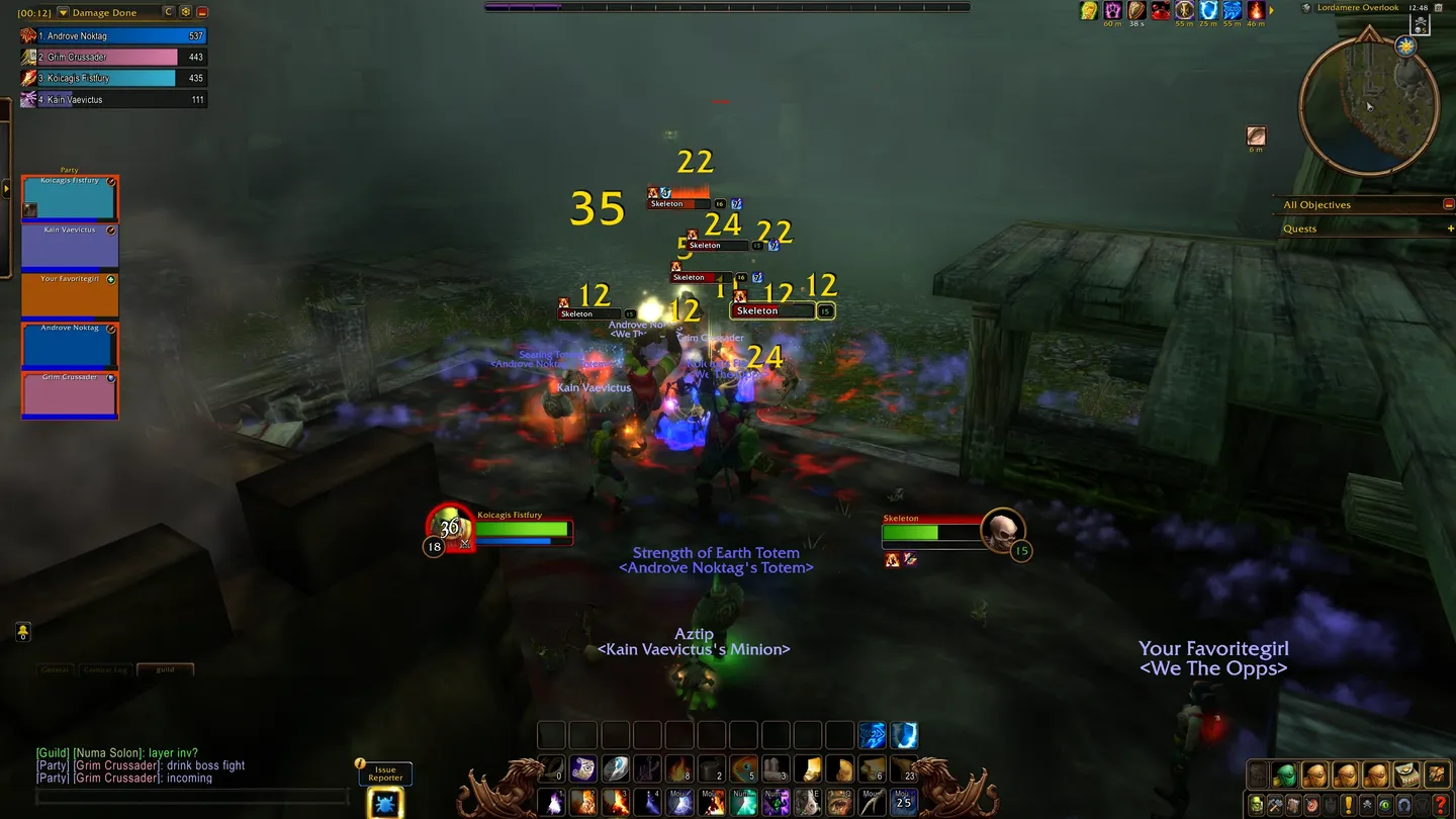 Zrzut ekranu z grupowej walki w World of Warcraft w lokacji Lordamere Overlook. Ork mag „Koicagis Fistfury” wraz z drużyną walczy z kilkoma szkieletami, nad którymi wyświetlają się żółte liczby obrażeń. W lewym górnym rogu widoczny jest ranking zadanych obrażeń, a po lewej panel drużyny.