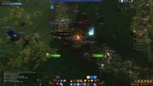 Zrzut ekranu z World of Warcraft w lokacji The Sepulcher. Ork mag „Koicagis Fistfury” stoi na kamiennej ścieżce wśród licznej grupy graczy i stworów, w tym Dalar Dawnweaver. Na środku ekranu widoczny jest komunikat czatu „this is bait? lol”, a po prawej stronie znajduje się lista aktywnych zadań.