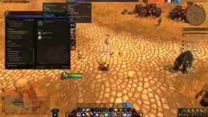 Zrzut ekranu z World of Warcraft w lokacji The Crossroads, z otwartym panelem profesji Tailoring. Postać „Koicagis Fistfury” wybiera przepis na Simple Kilt, wymagający 9 sztuk Bolt of Linen Cloth i 1 Fine Thread. Nad panelem widoczne są porównania tego przedmiotu z aktualnie wyposażonymi spodniami „Ghastly Trousers”.