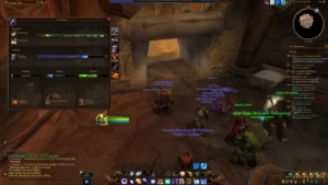 Zrzut ekranu z World of Warcraft w gospodzie w lokacji The Crossroads. Otwarty panel „Professions” pokazuje rozwój profesji: Herbalism 75/75, Tailoring 57/75, Cooking 4/75, Fishing 21/75 oraz First Aid 46/75. W tle widać postać „Koicagis Fistfury”, innych graczy i karczmarza Innkeeper Boorand Plainswind.